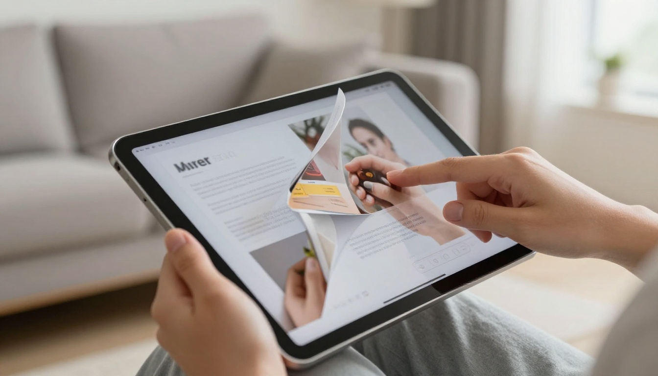 Hands holding a tablet showing a flipping digital brochure Hands holding a tablet showing a flipping digital brochure