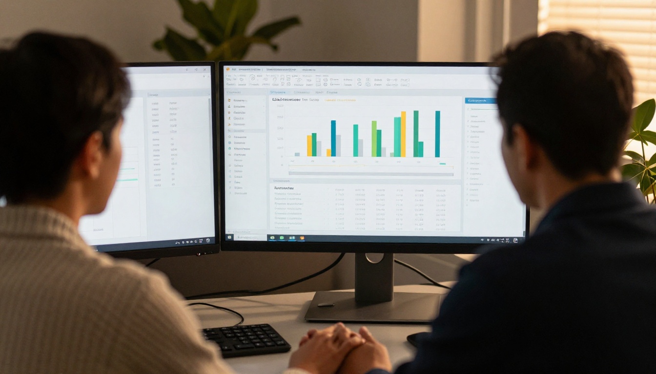 Ecommerce manager reviewing catalog analytics on a wide monitor Ecommerce manager reviewing catalog analytics on a wide monitor