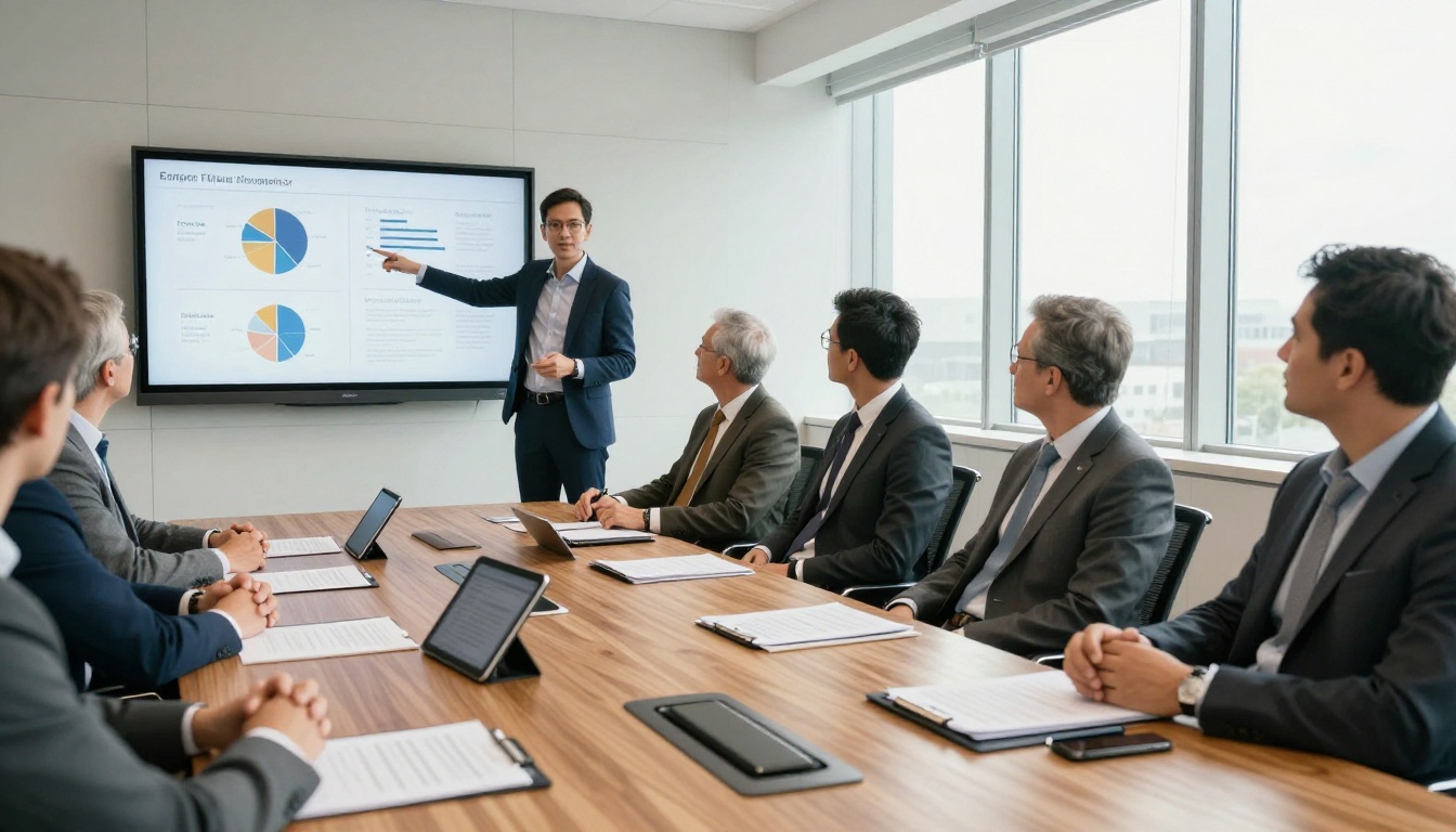 Finance manager presenting reports in a bright boardroom Finance manager presenting reports in a bright boardroom