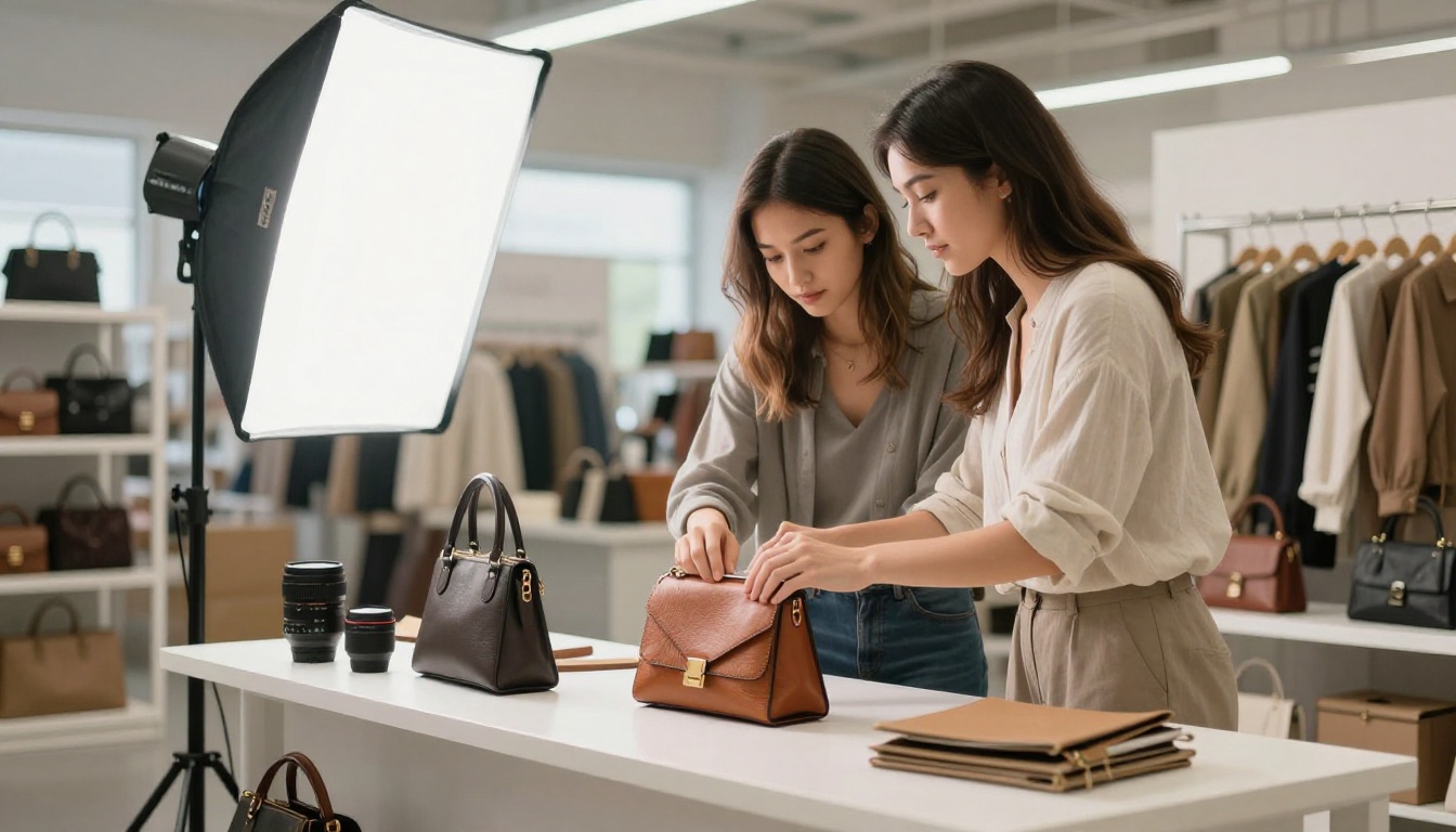 Retail photographer shooting products with softbox lighting in a showroom Retail photographer shooting products with softbox lighting in a showroom