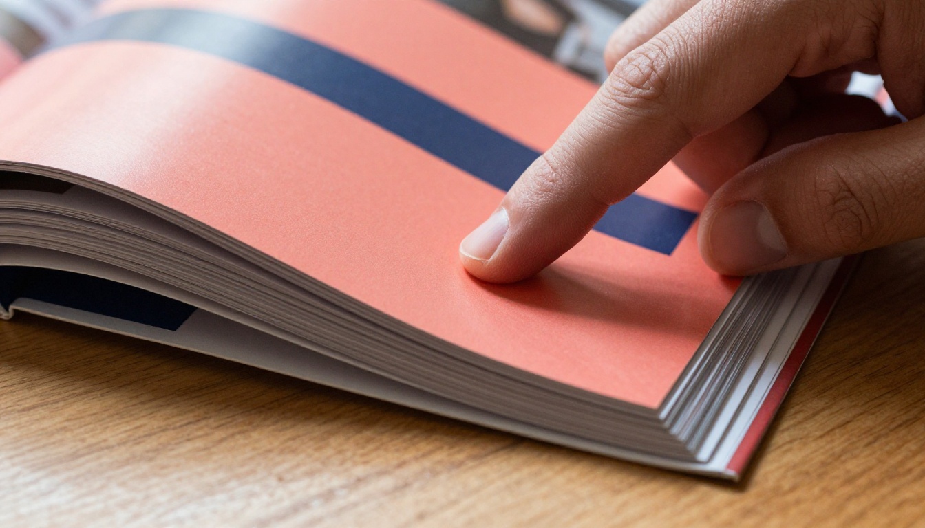 Hand flipping through a glossy printed brochure in navy and coral Hand flipping through a glossy printed brochure in navy and coral