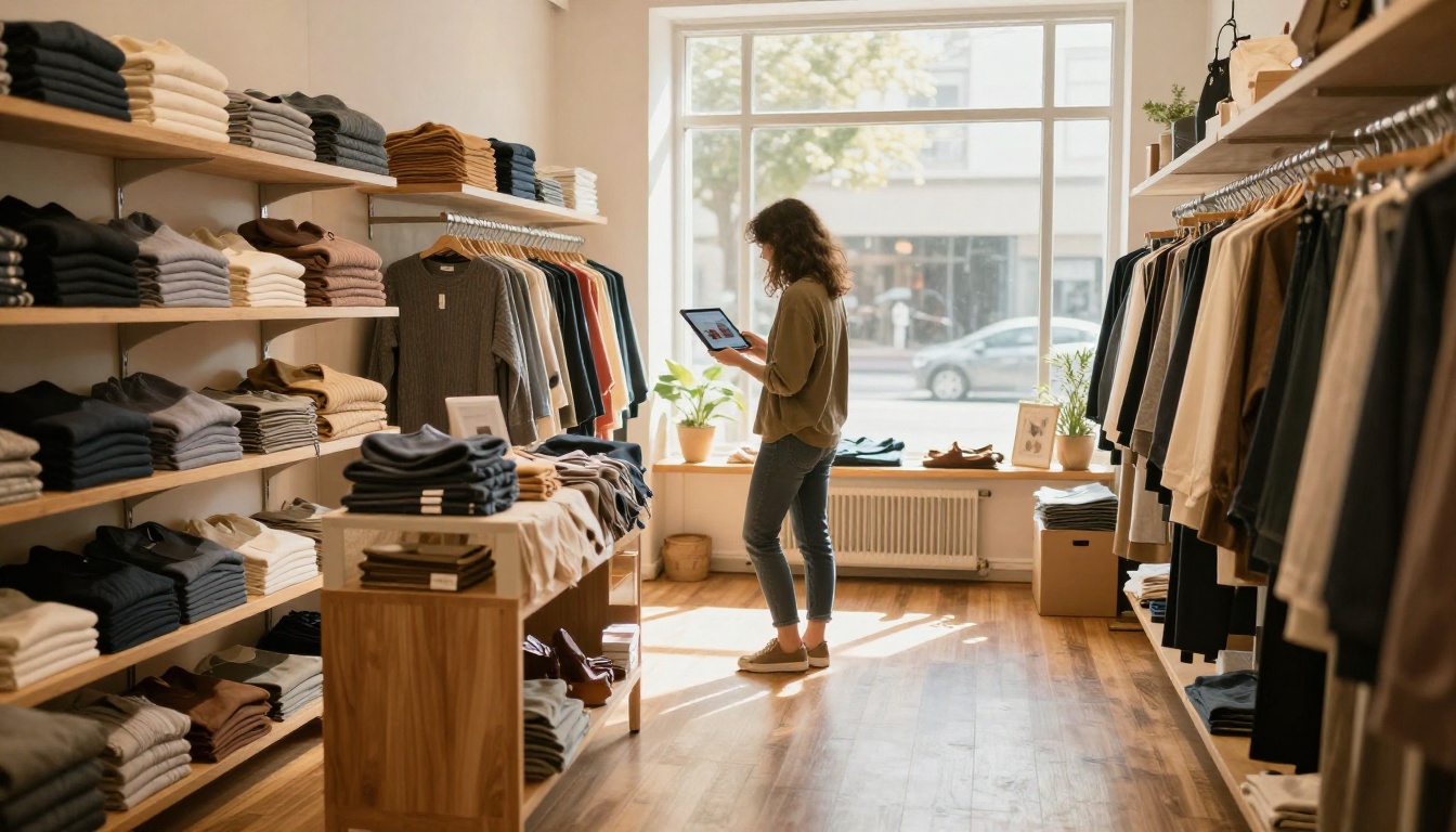 A boutique owner holding a tablet with a product catalog A boutique owner holding a tablet with a product catalog