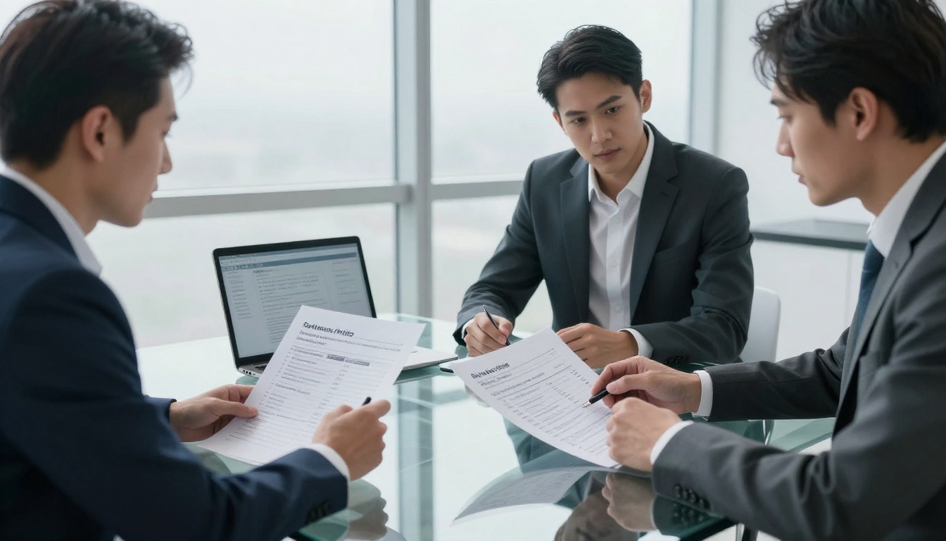 Two business partners negotiating software pricing across a glass table Two business partners negotiating software pricing across a glass table