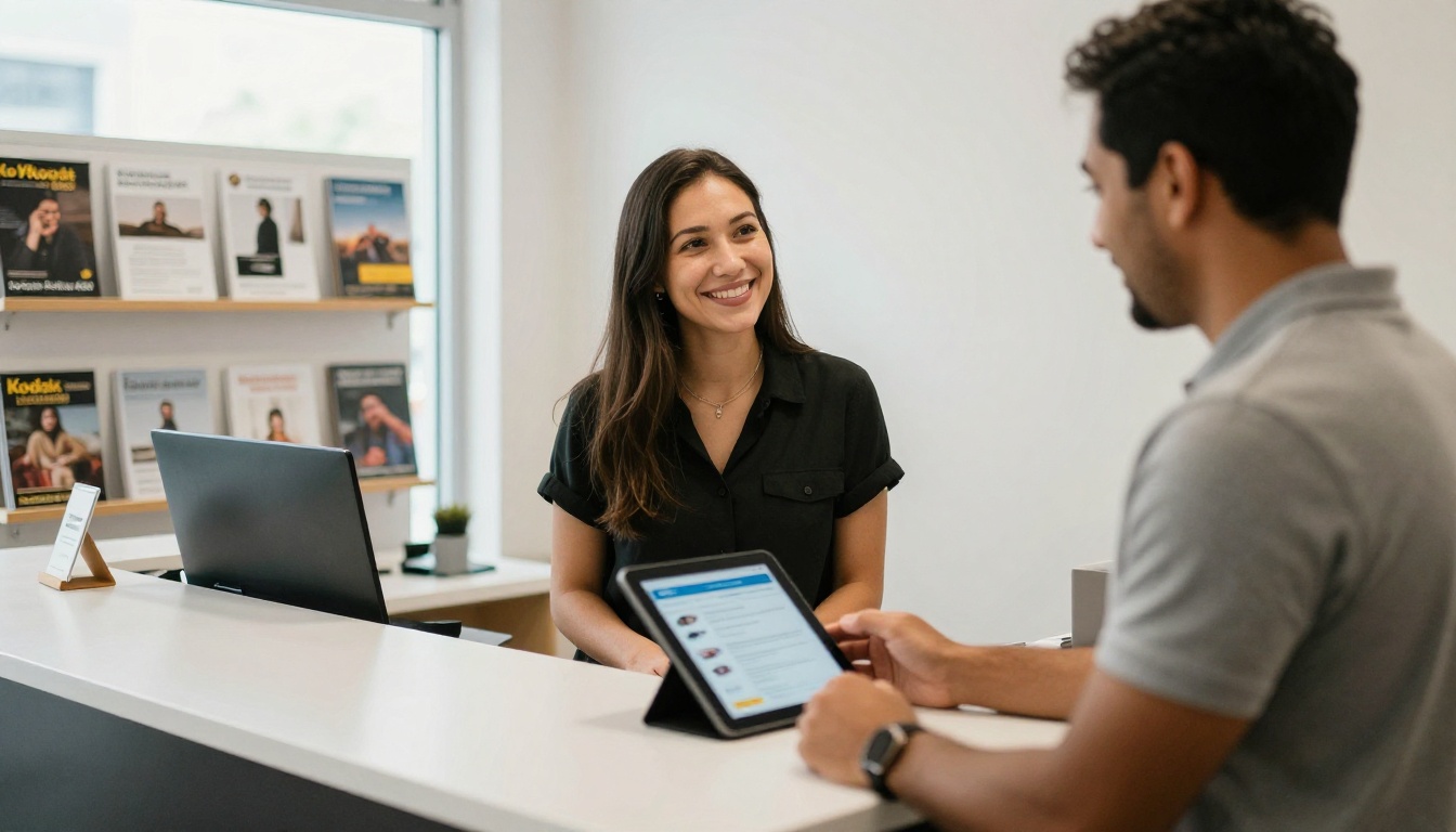 Reception staff holding a tablet that shows a page turning digital brochure Reception staff holding a tablet that shows a page turning digital brochure