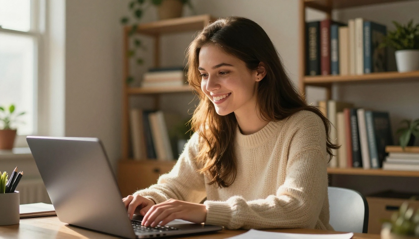 Marketing coordinator smiling at a laptop in a sunlit home office Marketing coordinator smiling at a laptop in a sunlit home office