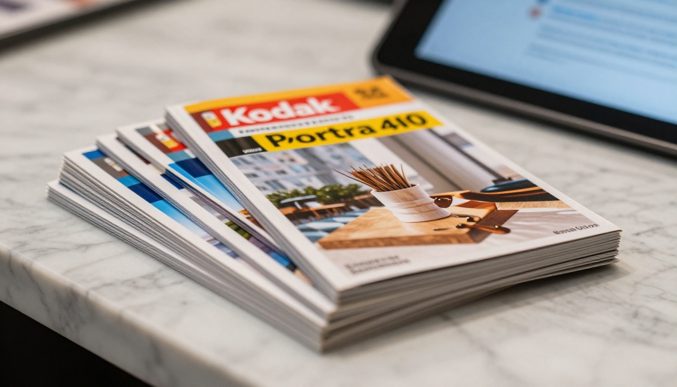 Stack of printed catalogs next to a tablet showing the digital version Stack of printed catalogs next to a tablet showing the digital version