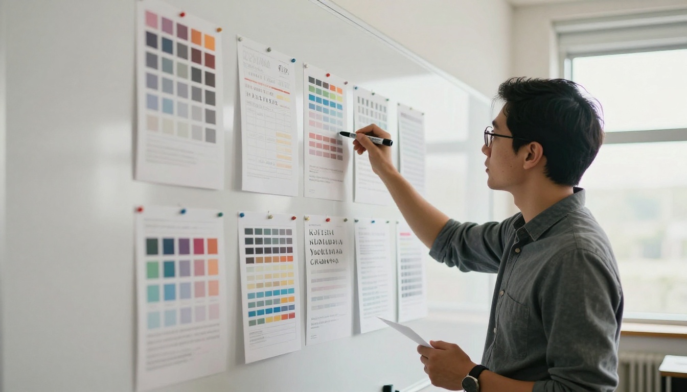 Brand manager at a whiteboard wall pinned with palettes and typography samples Brand manager at a whiteboard wall pinned with palettes and typography samples