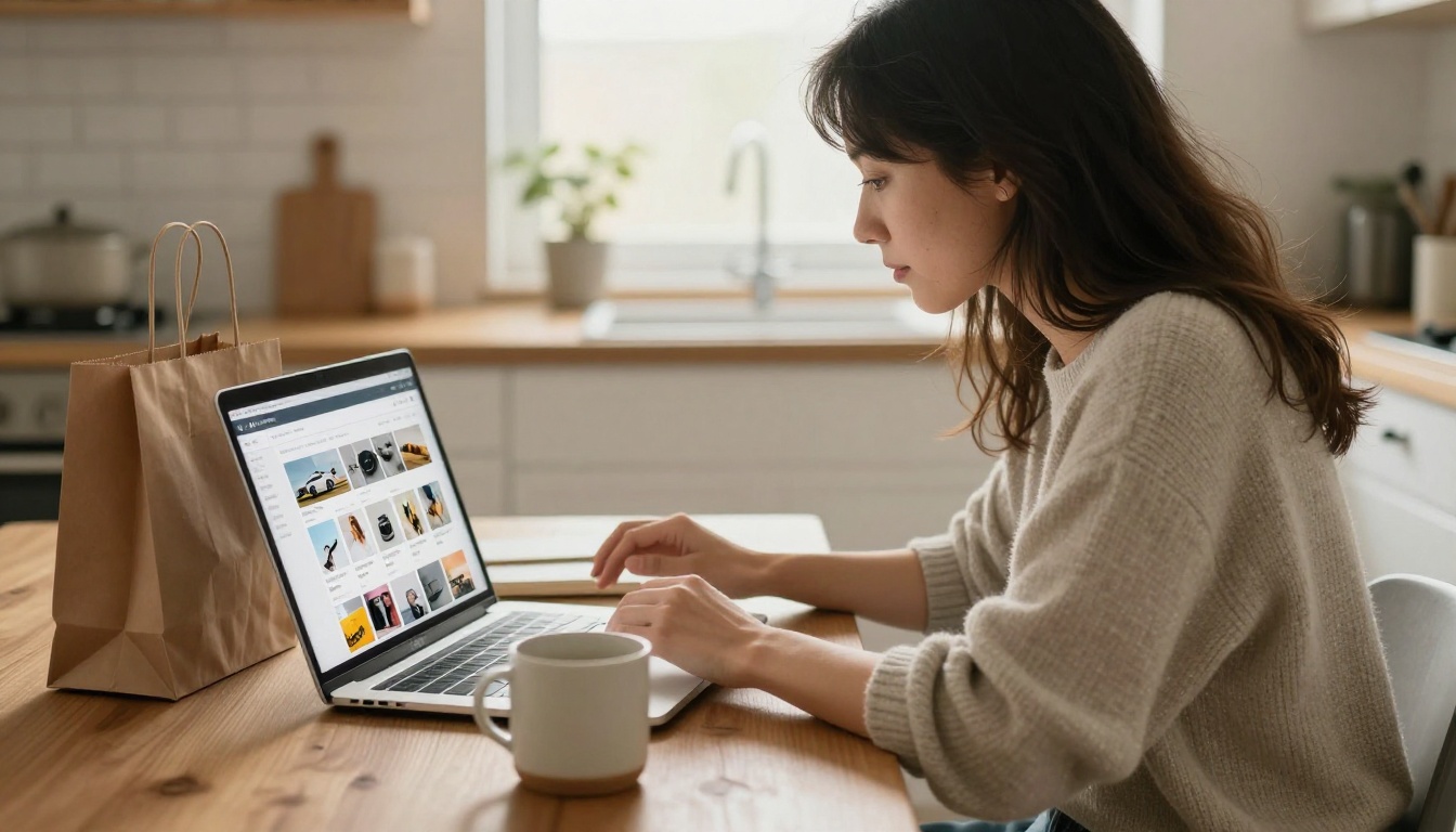 Woman at a kitchen table browsing a shoppable online catalog Woman at a kitchen table browsing a shoppable online catalog