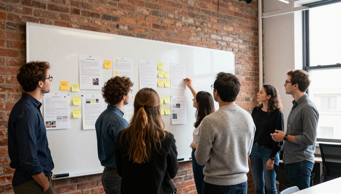 Marketing team planning a catalog launch around a whiteboard Marketing team planning a catalog launch around a whiteboard
