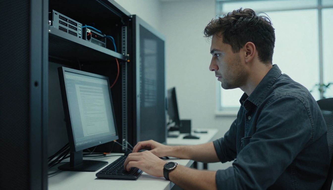 IT administrator installing software on a desktop computer next to a small server rack