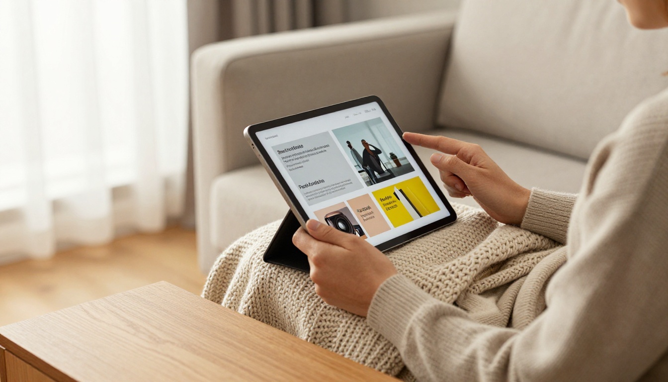 Person on a sofa reading an interactive digital brochure on a tablet in soft evening light