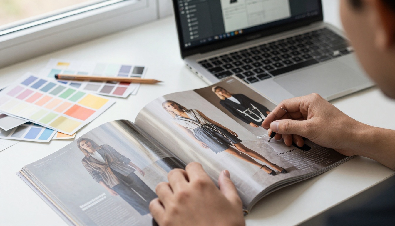 Designer hands arranging a magazine spread beside a laptop Designer hands arranging a magazine spread beside a laptop