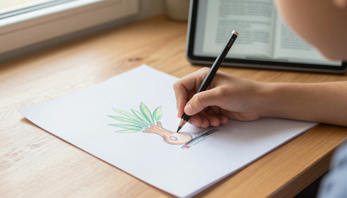 Student drawing an illustration beside a tablet for a classroom book