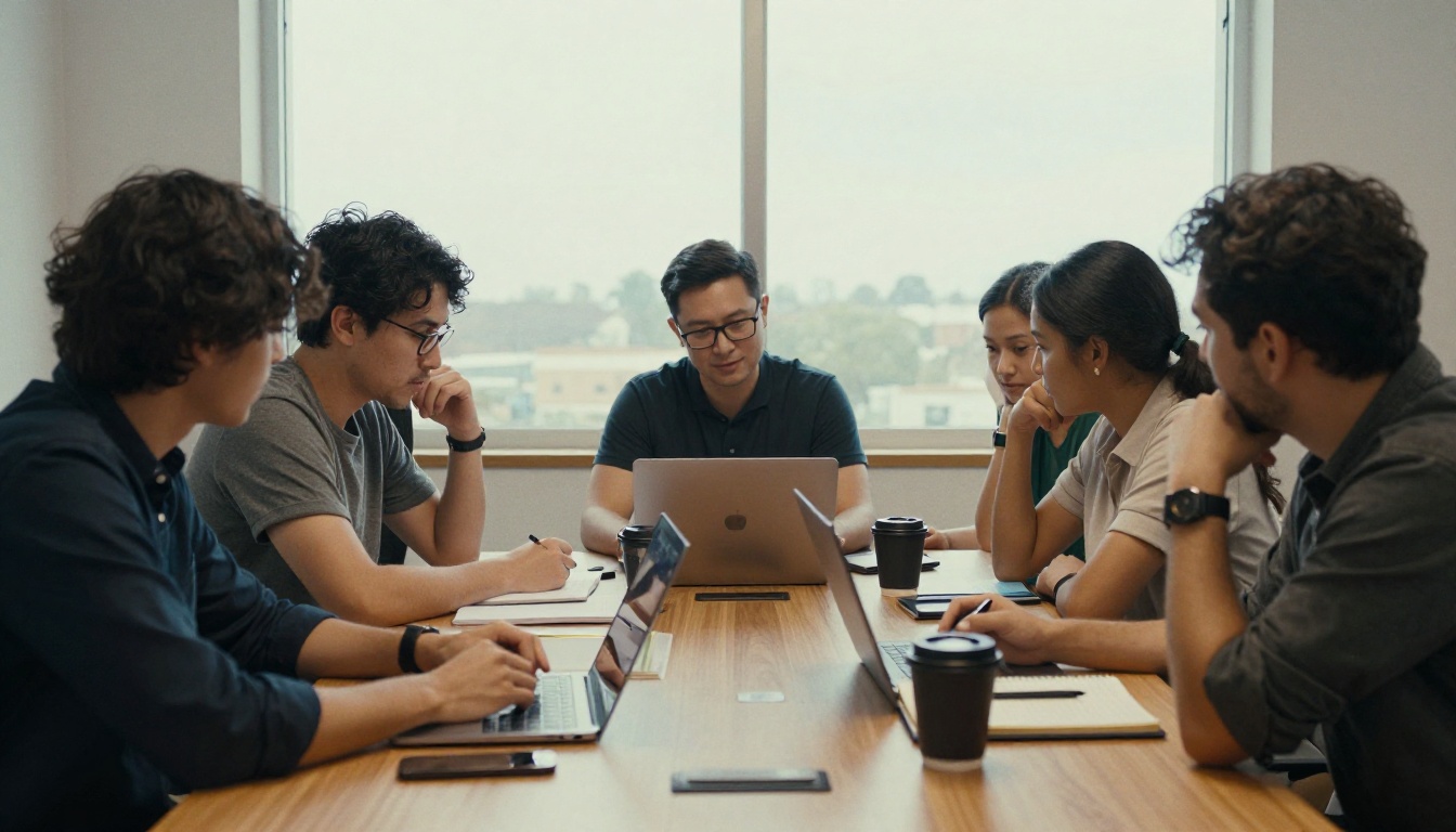 Marketing team reviewing pricing plans around a conference table Marketing team reviewing pricing plans around a conference table