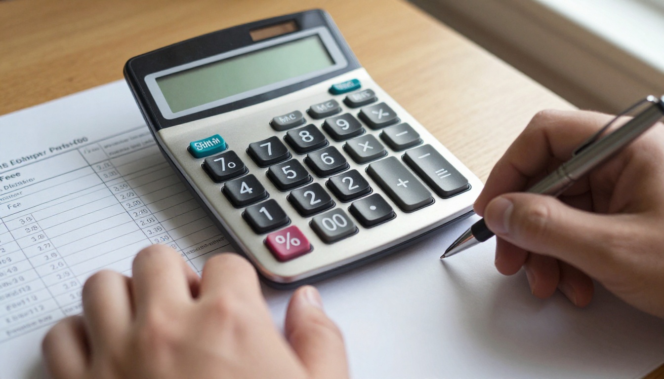 Fee comparison sheet with calculator on an oak desk Fee comparison sheet with calculator on an oak desk