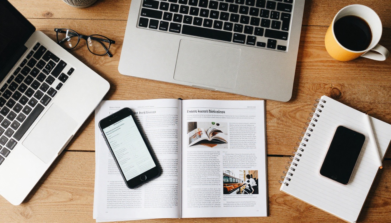 Aerial view of a desk with a phone showing a page-turning magazine Aerial view of a desk with a phone showing a page-turning magazine