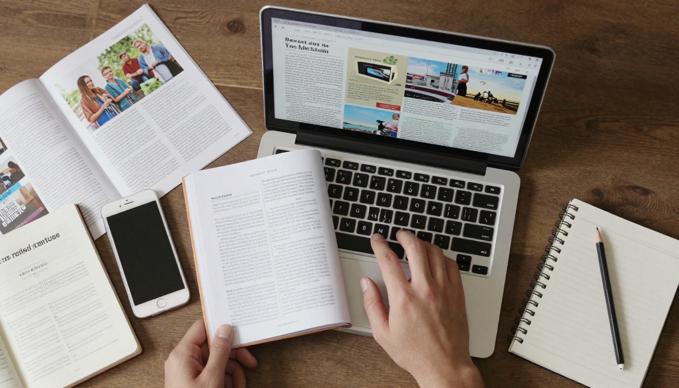 Aerial view of a desk with a laptop showing a page turning flipbook beside printed catalogs Aerial view of a desk with a laptop showing a page turning flipbook beside printed catalogs
