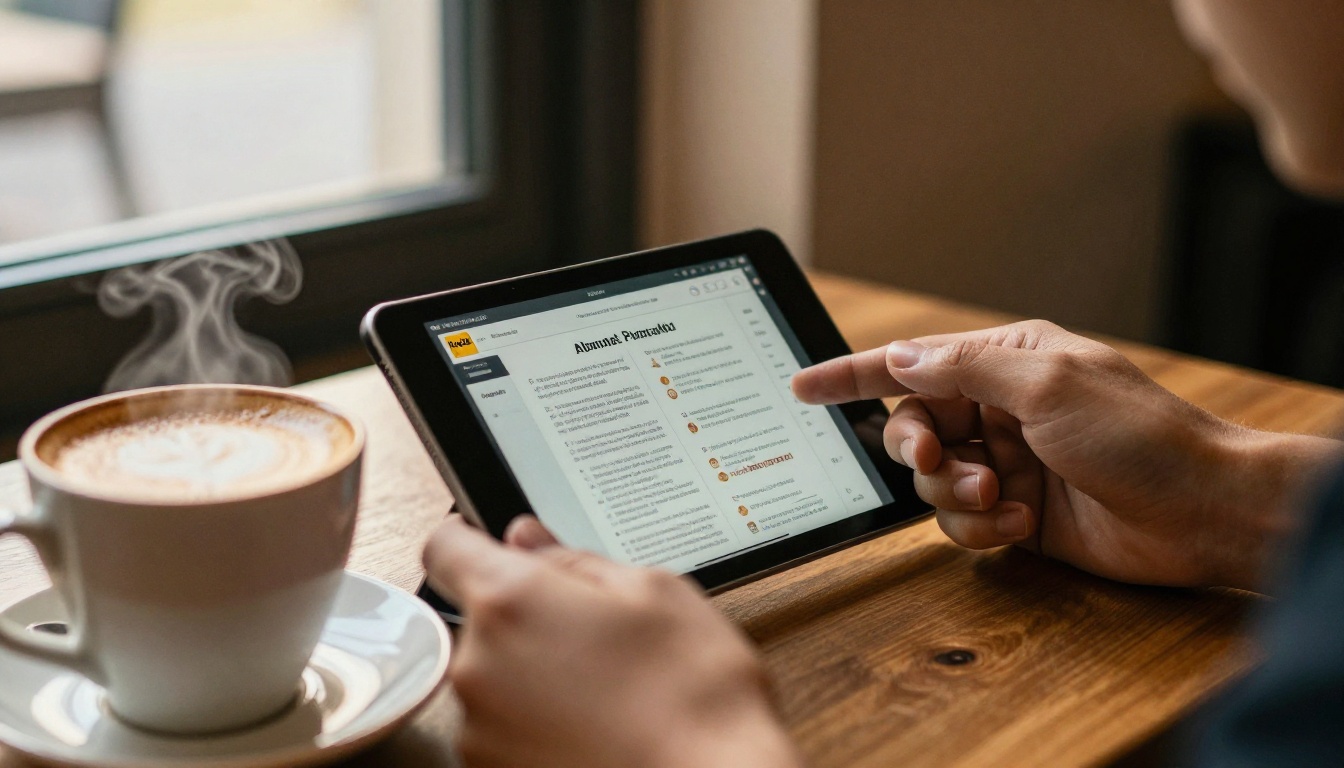 Close-up of hands scrolling a digital brochure on a tablet Close-up of hands scrolling a digital brochure on a tablet