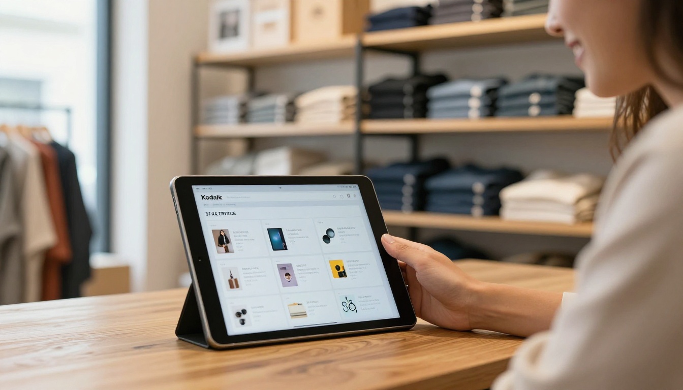 Boutique owner showing a digital product catalog on a tablet to a customer Boutique owner showing a digital product catalog on a tablet to a customer