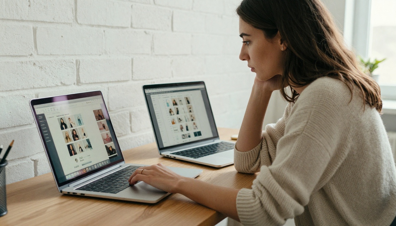 Designer comparing two laptops showing different catalog layouts Designer comparing two laptops showing different catalog layouts