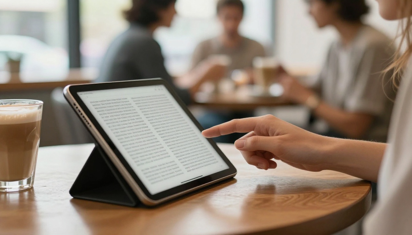 Tablet showing a digital ebook with page-turn layout at a cafe Tablet showing a digital ebook with page-turn layout at a cafe