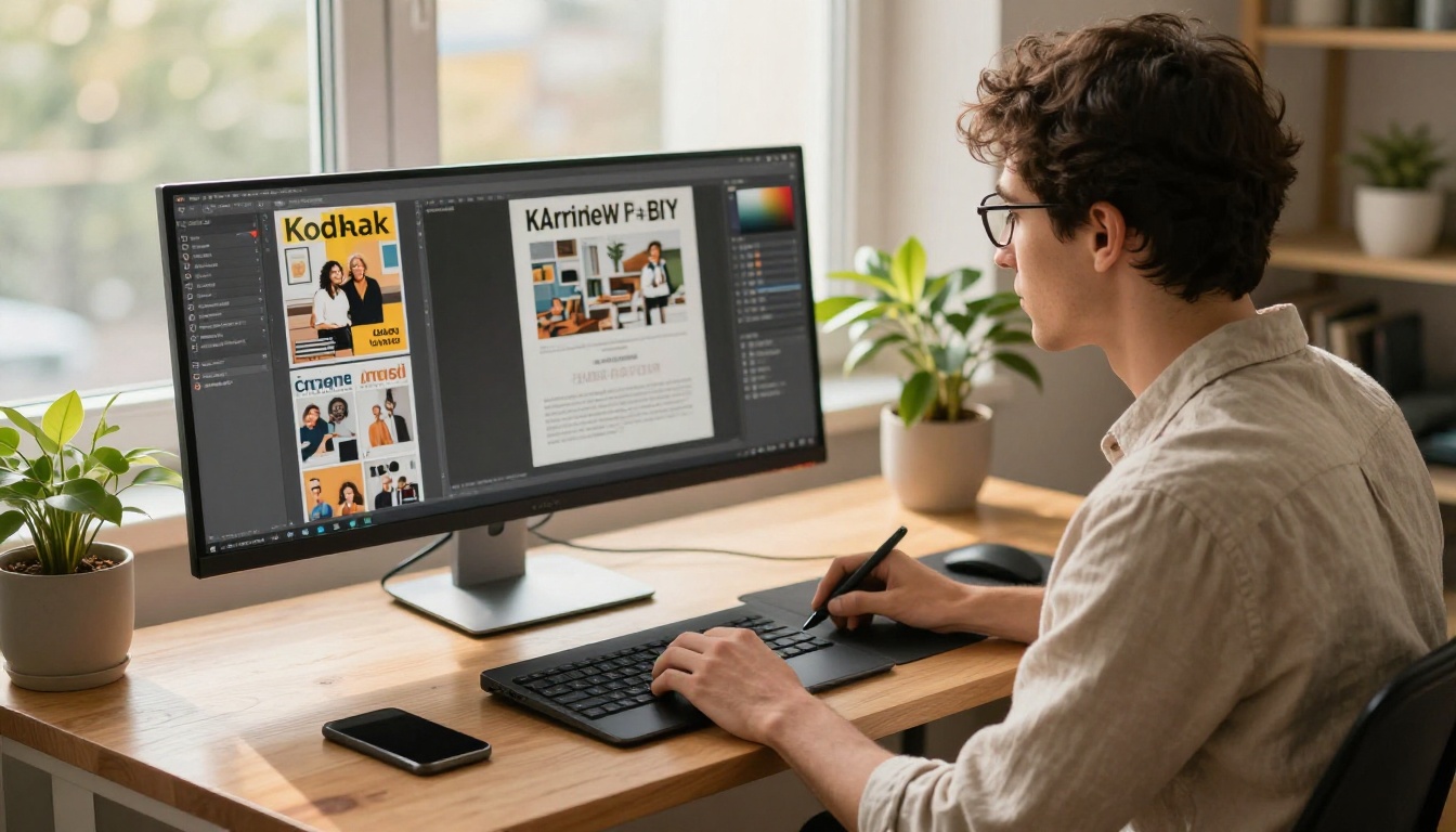 Art director working at a standing desk on a magazine template Art director working at a standing desk on a magazine template