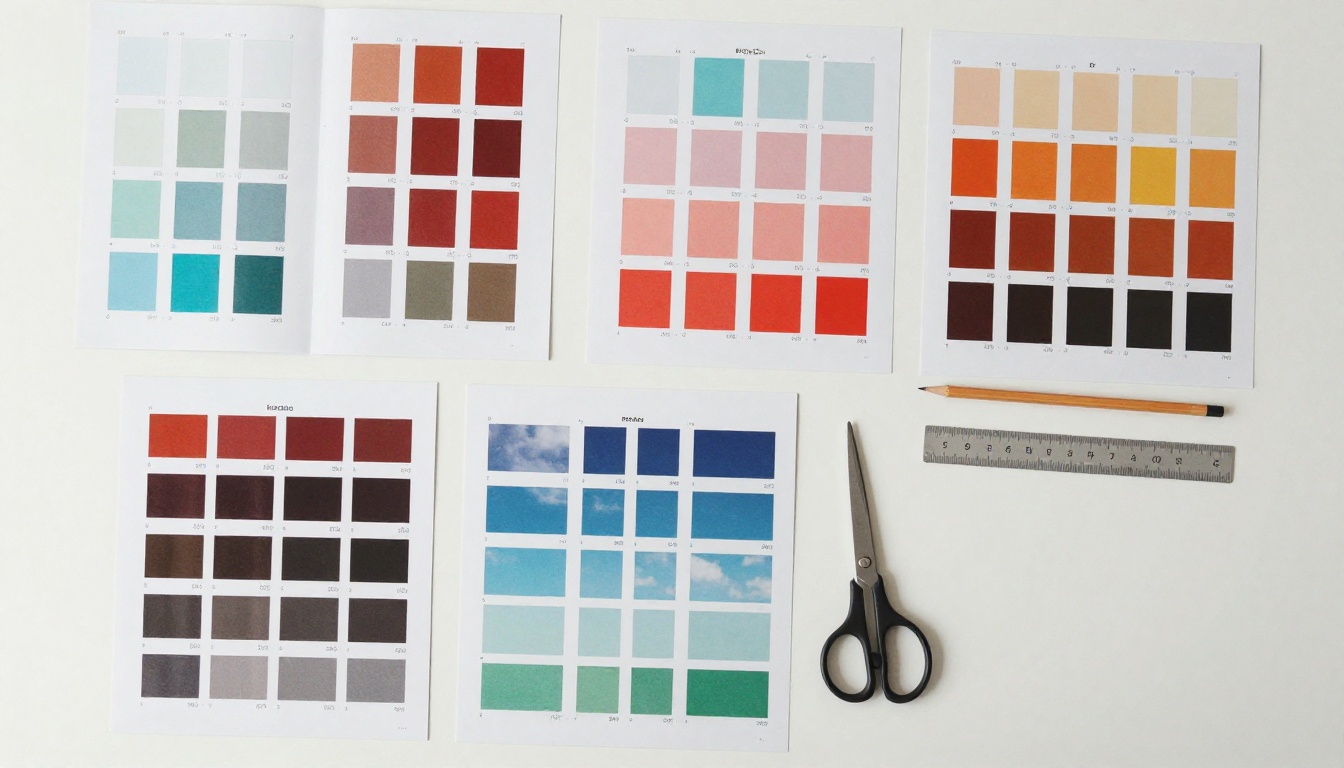Flat lay of printed catalog pages with swatches and a ruler Flat lay of printed catalog pages with swatches and a ruler