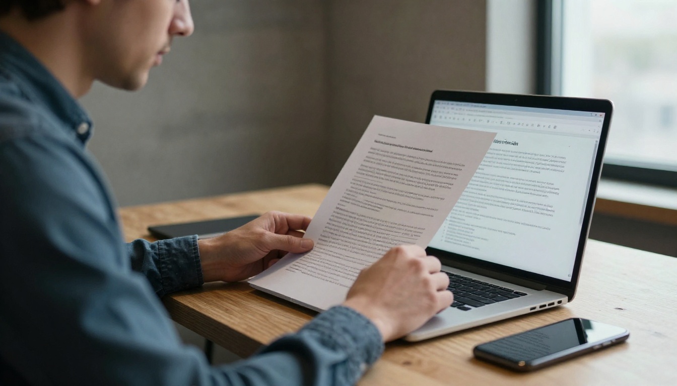 Man reading a long PDF report on a laptop with the same file open on a phone Man reading a long PDF report on a laptop with the same file open on a phone
