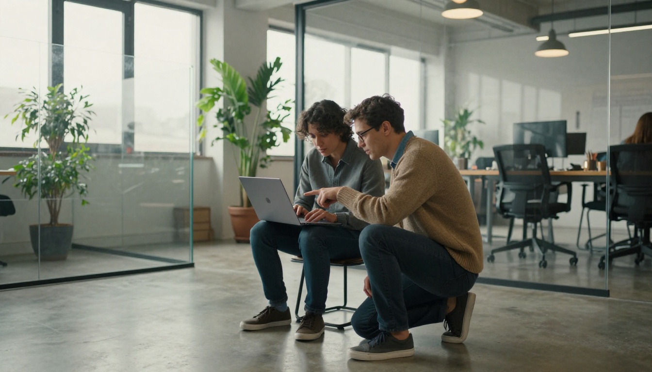 Colleagues reviewing a flipbook on a laptop in a coworking space Colleagues reviewing a flipbook on a laptop in a coworking space