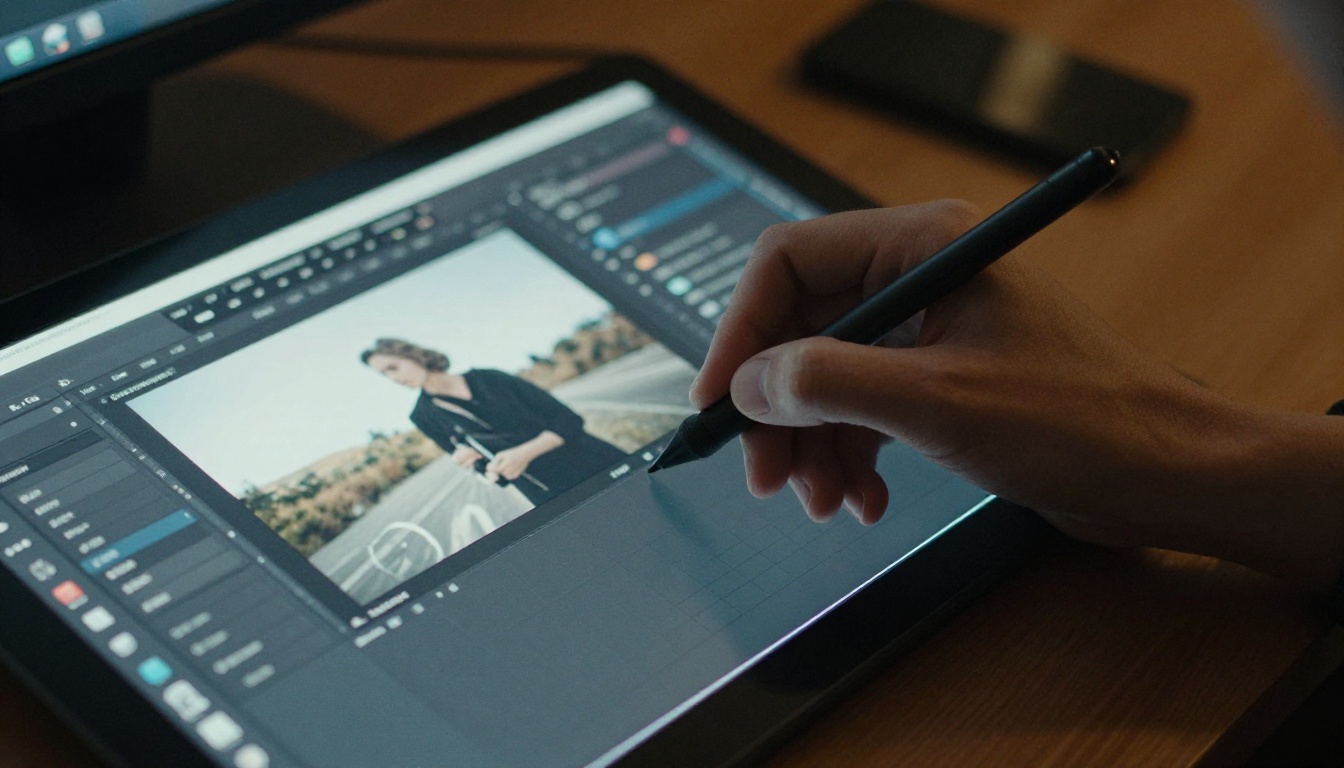 Close-up of a designer's hand holding a stylus over a graphics tablet Close-up of a designer's hand holding a stylus over a graphics tablet
