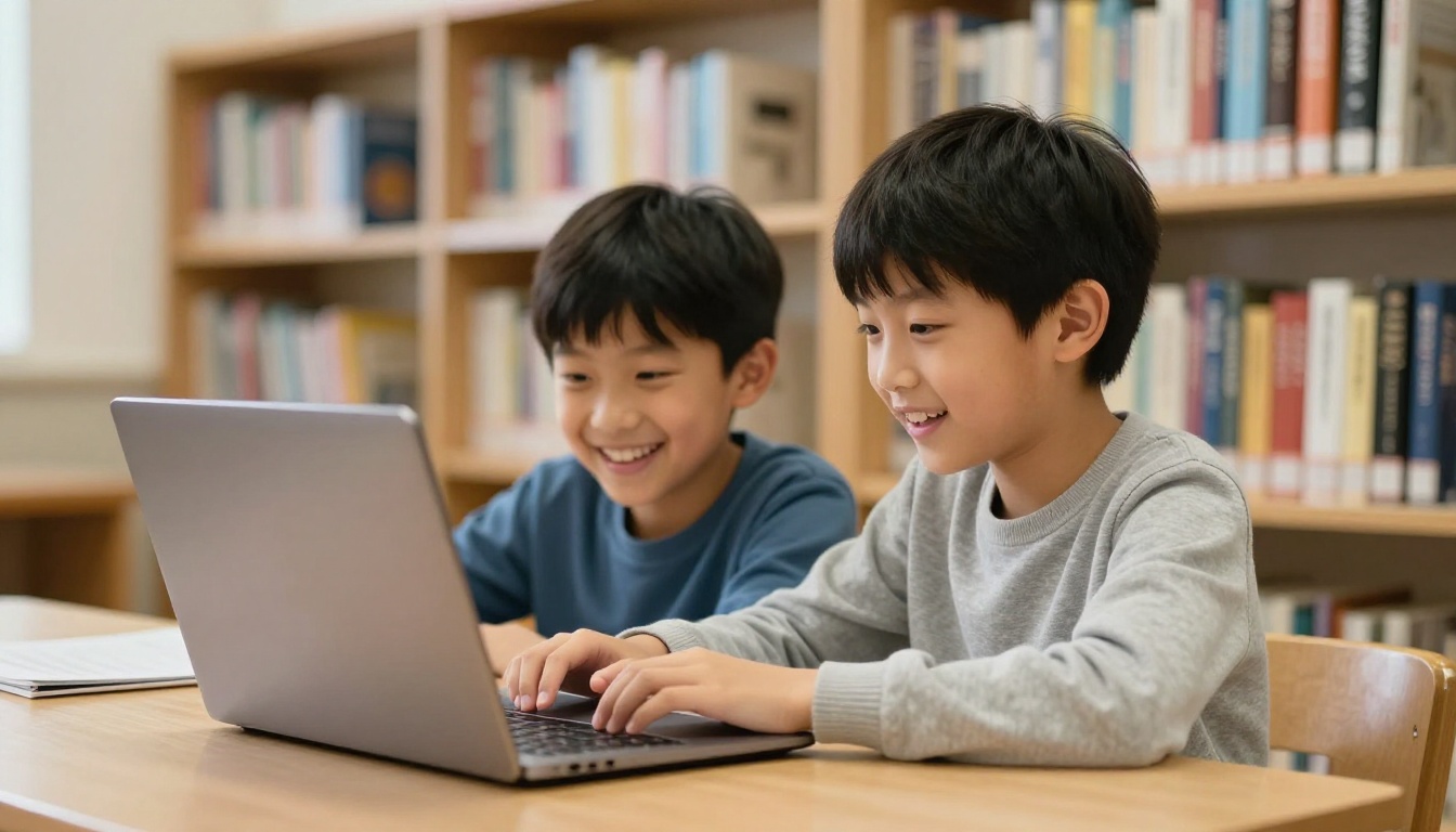 Two children sharing a laptop in a school library