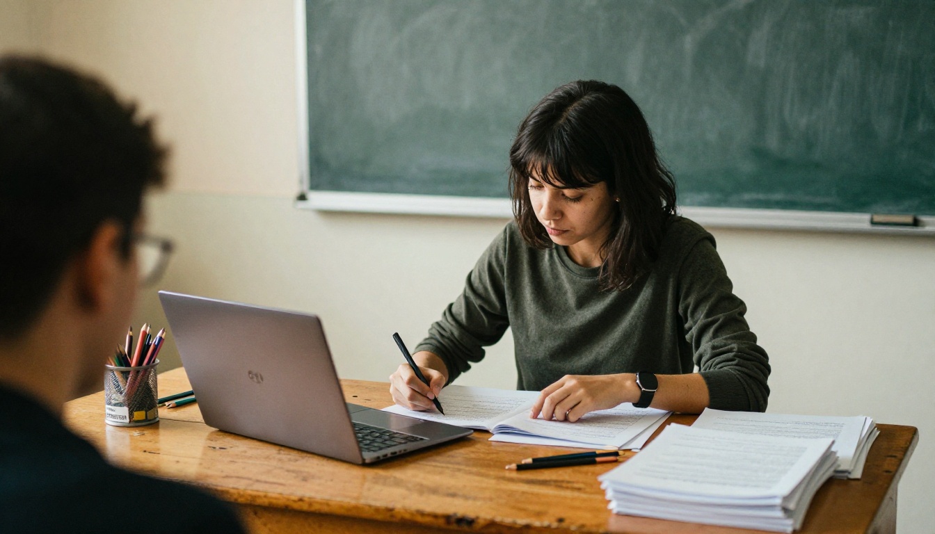 Teacher preparing course material on a laptop at a classroom desk Teacher preparing course material on a laptop at a classroom desk