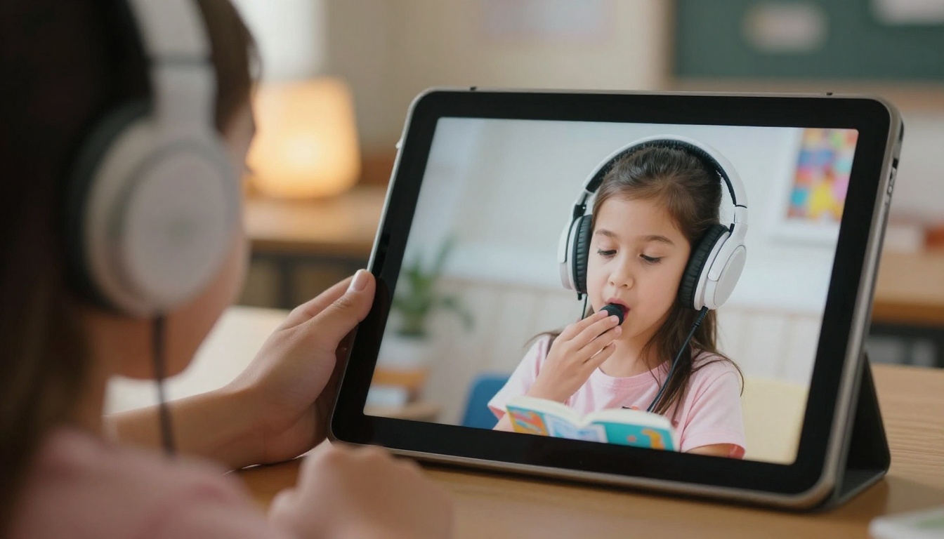 Girl recording her voice for a digital storybook