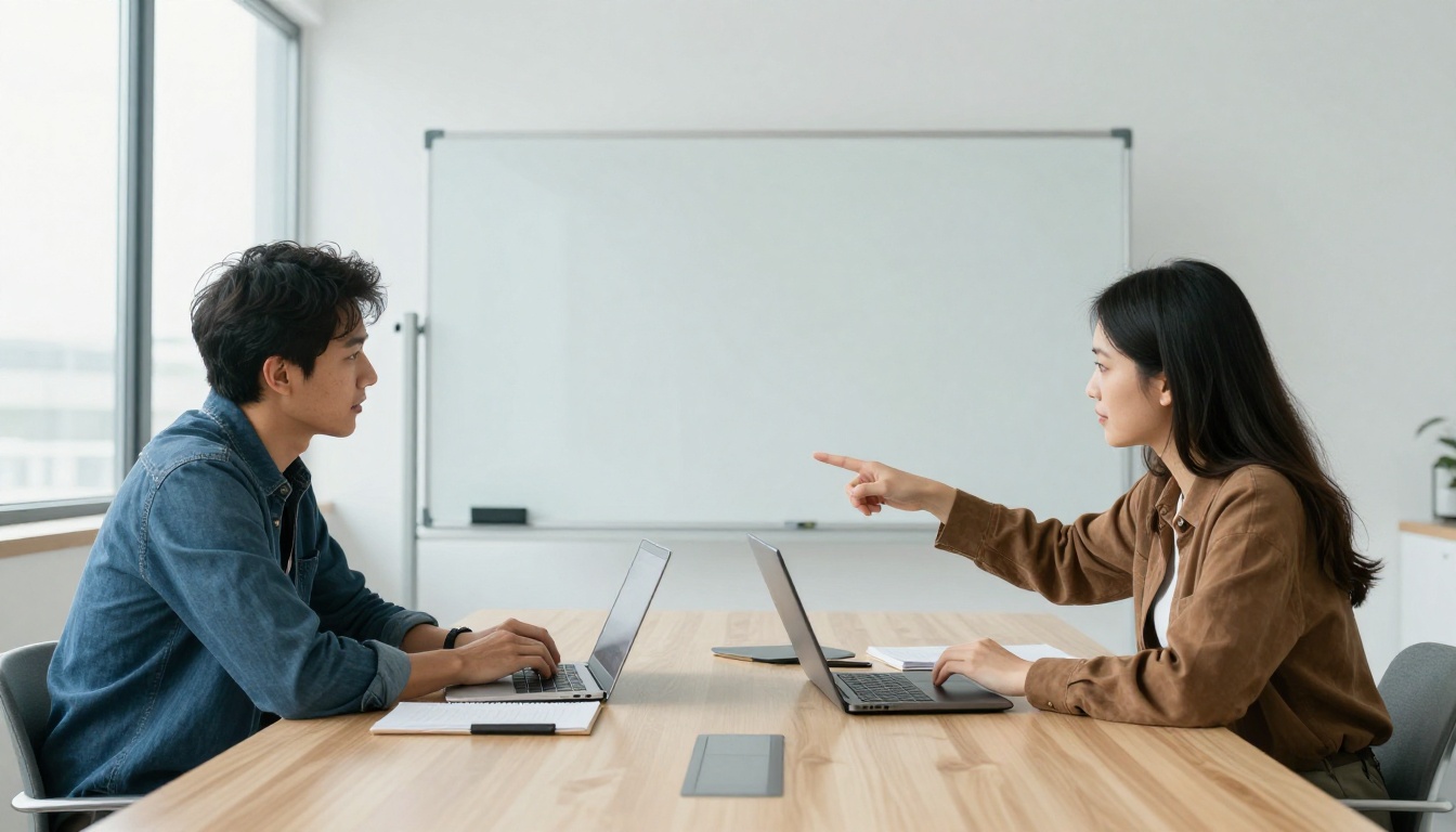 Two colleagues comparing two laptops side by side at a meeting table Two colleagues comparing two laptops side by side at a meeting table