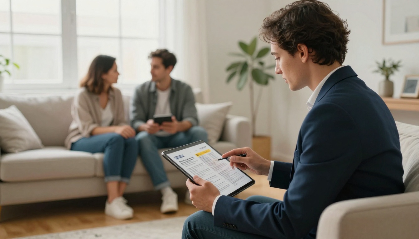 Real estate agent showing a brochure on a tablet to a couple Real estate agent showing a brochure on a tablet to a couple