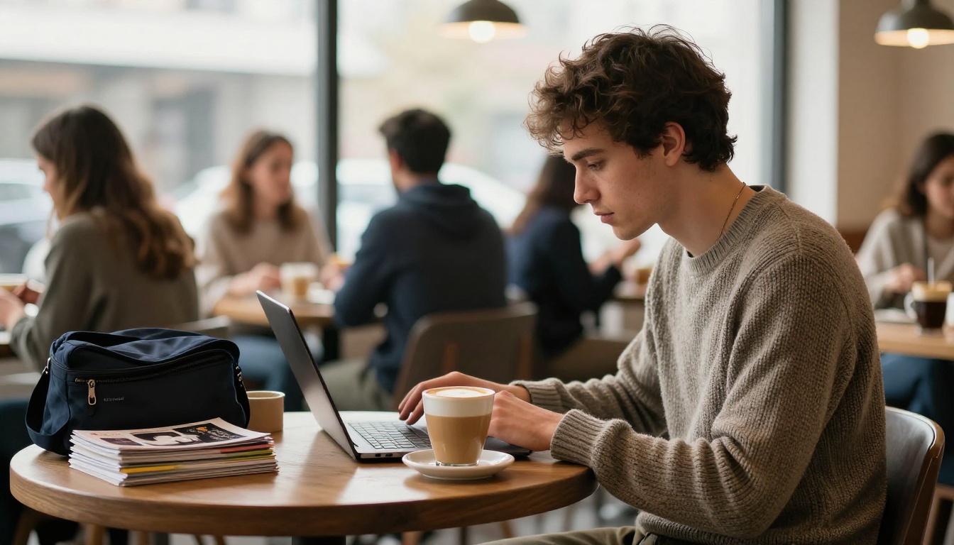 Coworking cafe scene with a designer working on a laptop Coworking cafe scene with a designer working on a laptop