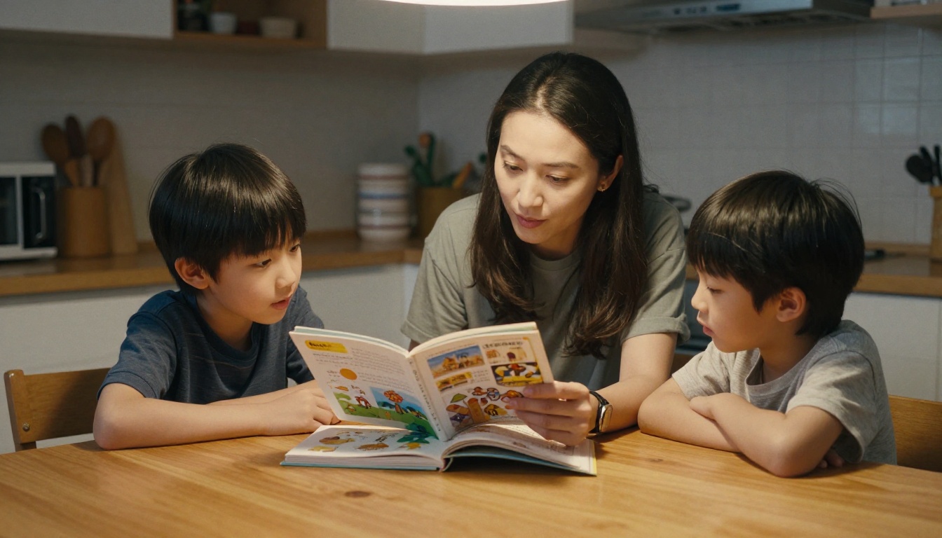Parent and child reading a printed classroom book at home