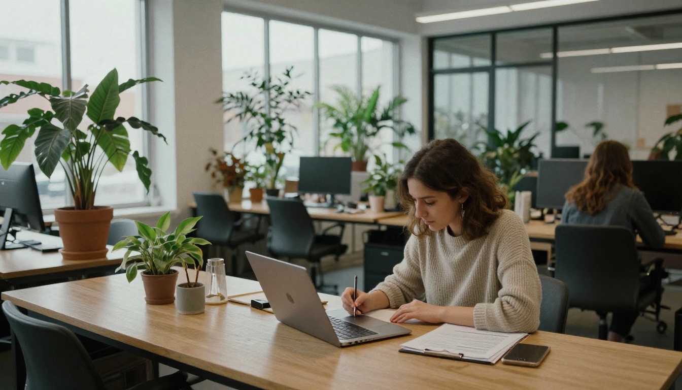 Business owner writing a newsletter in a bright coworking space Business owner writing a newsletter in a bright coworking space