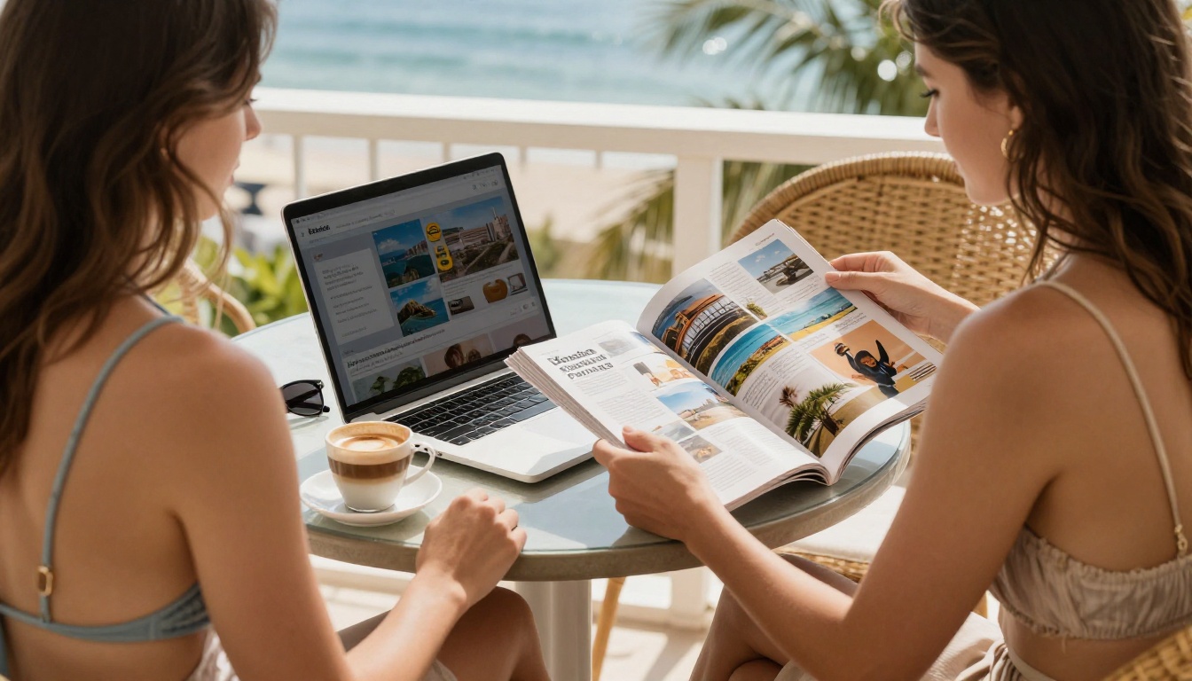 Reader browsing a travel magazine on a laptop at a sunny balcony table Reader browsing a travel magazine on a laptop at a sunny balcony table