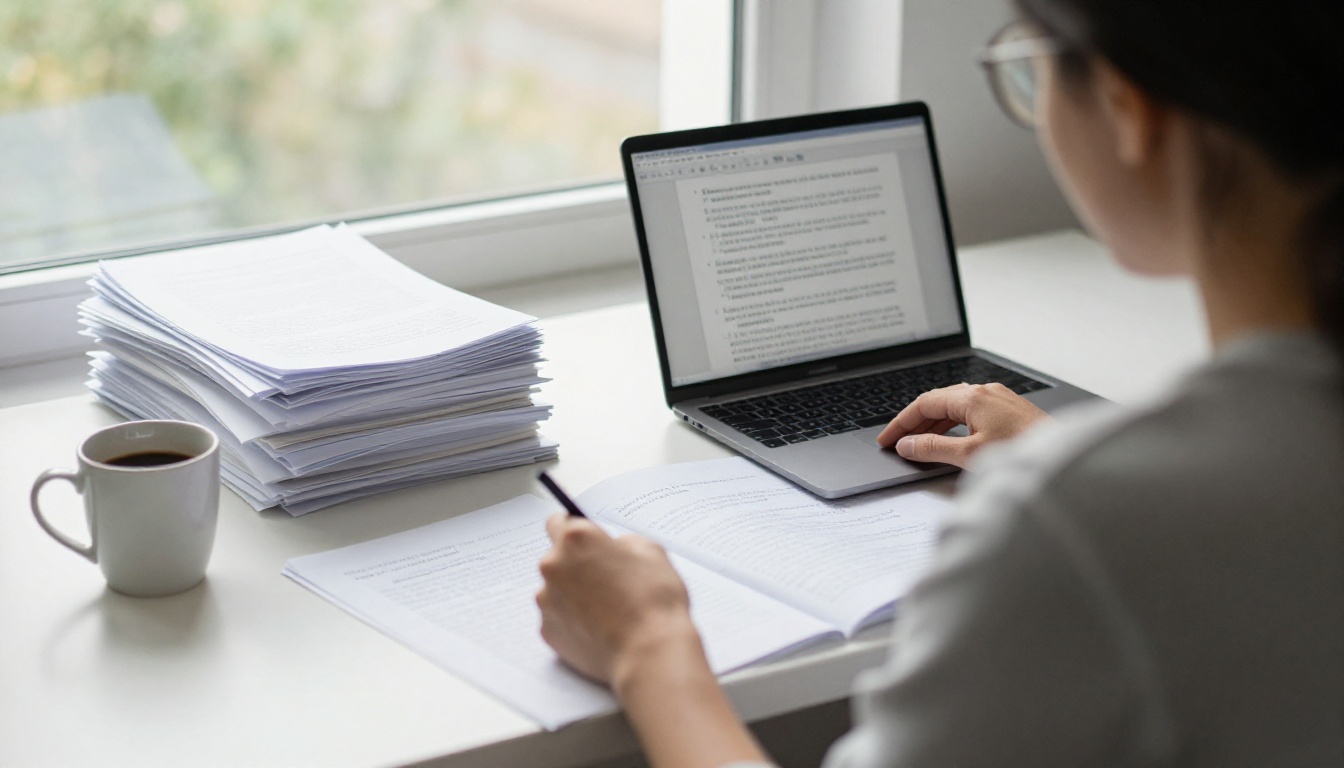 Teacher reviewing student book drafts at a desk