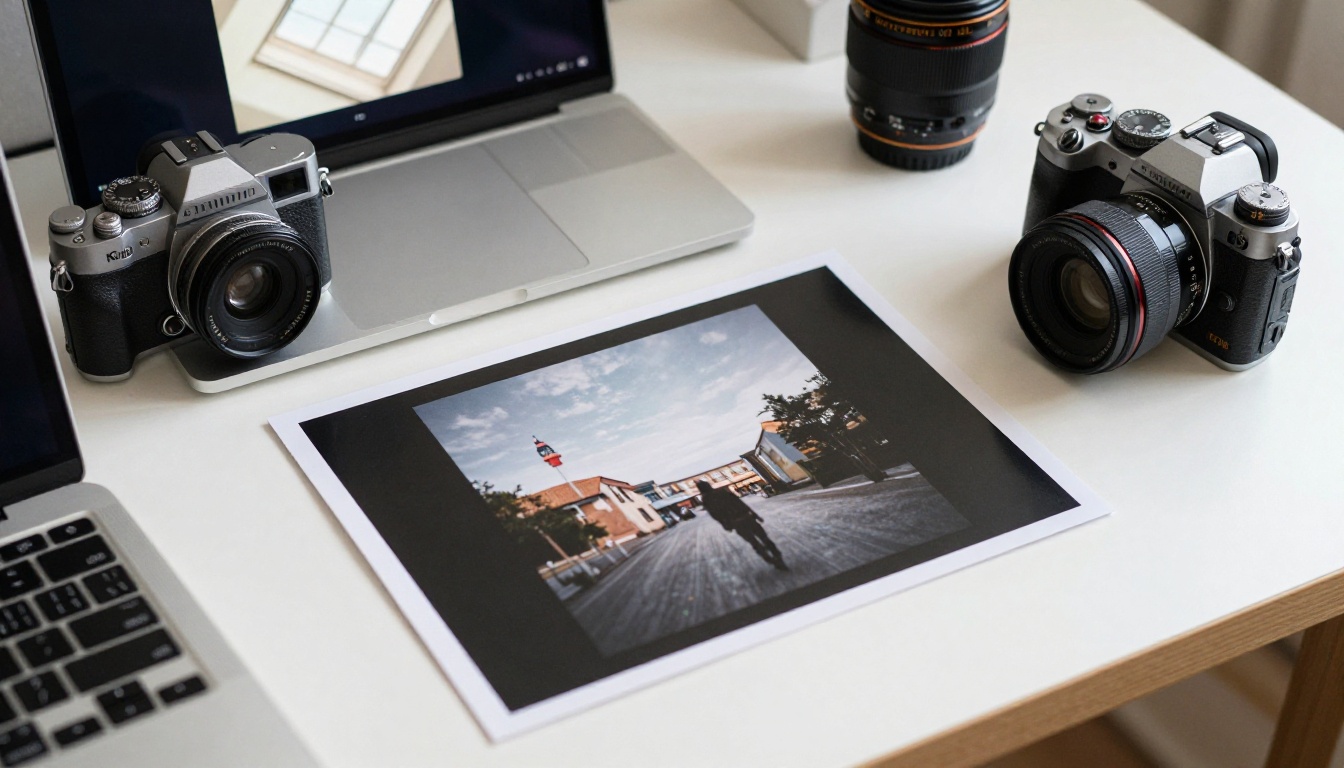 Photographer's desk with a laptop showing a portfolio flipbook Photographer's desk with a laptop showing a portfolio flipbook