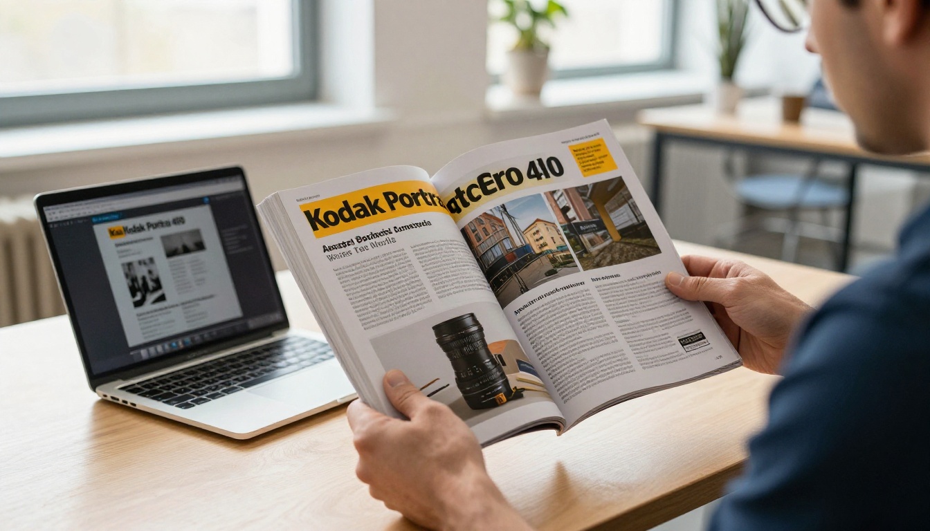Publisher handing a printed magazine across a studio table beside a laptop edition Publisher handing a printed magazine across a studio table beside a laptop edition
