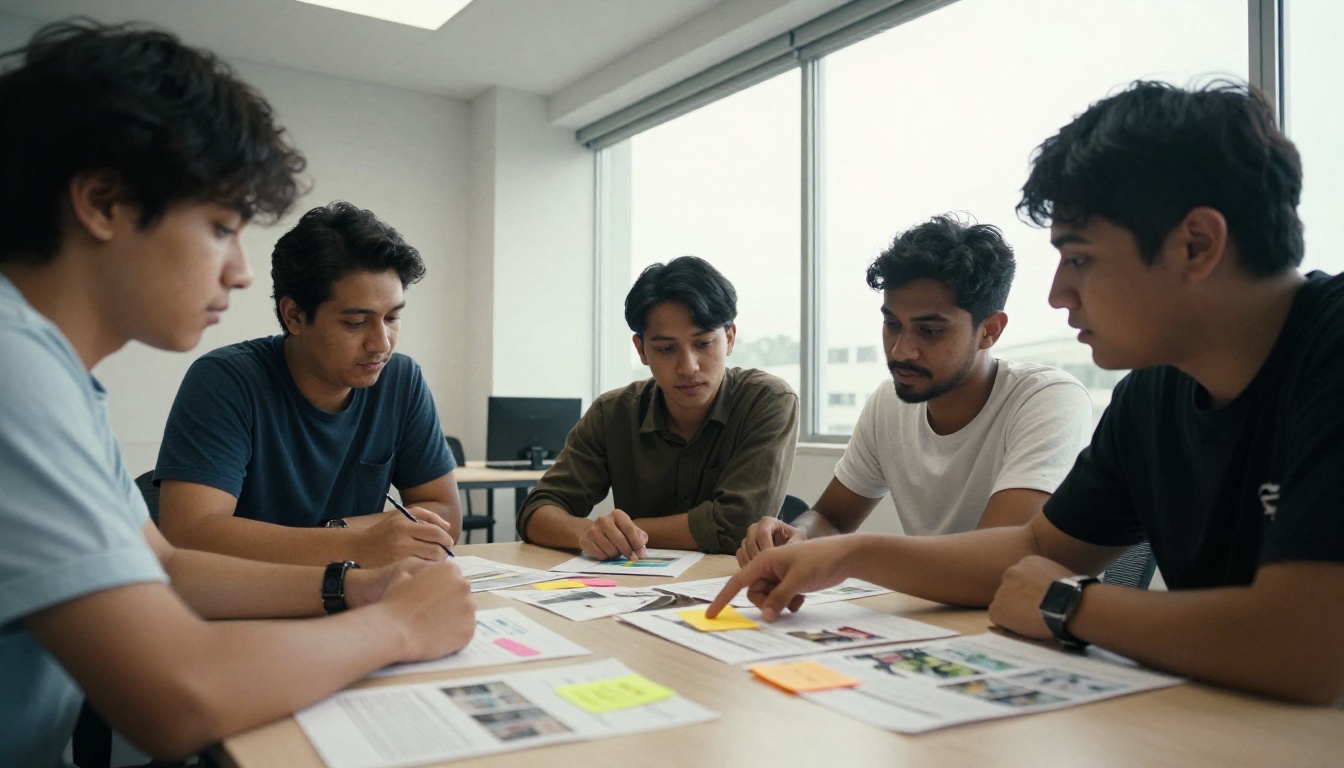 Team reviewing printed catalog proofs with sticky notes Team reviewing printed catalog proofs with sticky notes