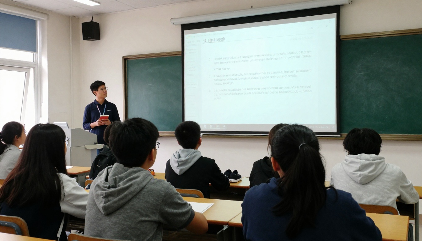 Students reading a digital book projected on a classroom screen