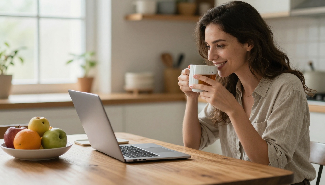 Smiling woman sending a document link from her laptop at a kitchen table Smiling woman sending a document link from her laptop at a kitchen table