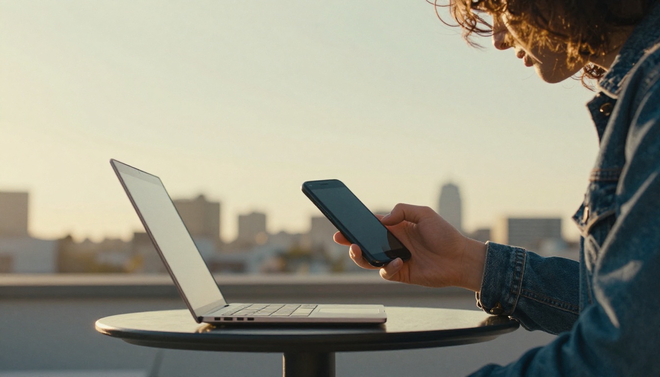 Person on a rooftop terrace sending a flipbook link from a smartphone Person on a rooftop terrace sending a flipbook link from a smartphone