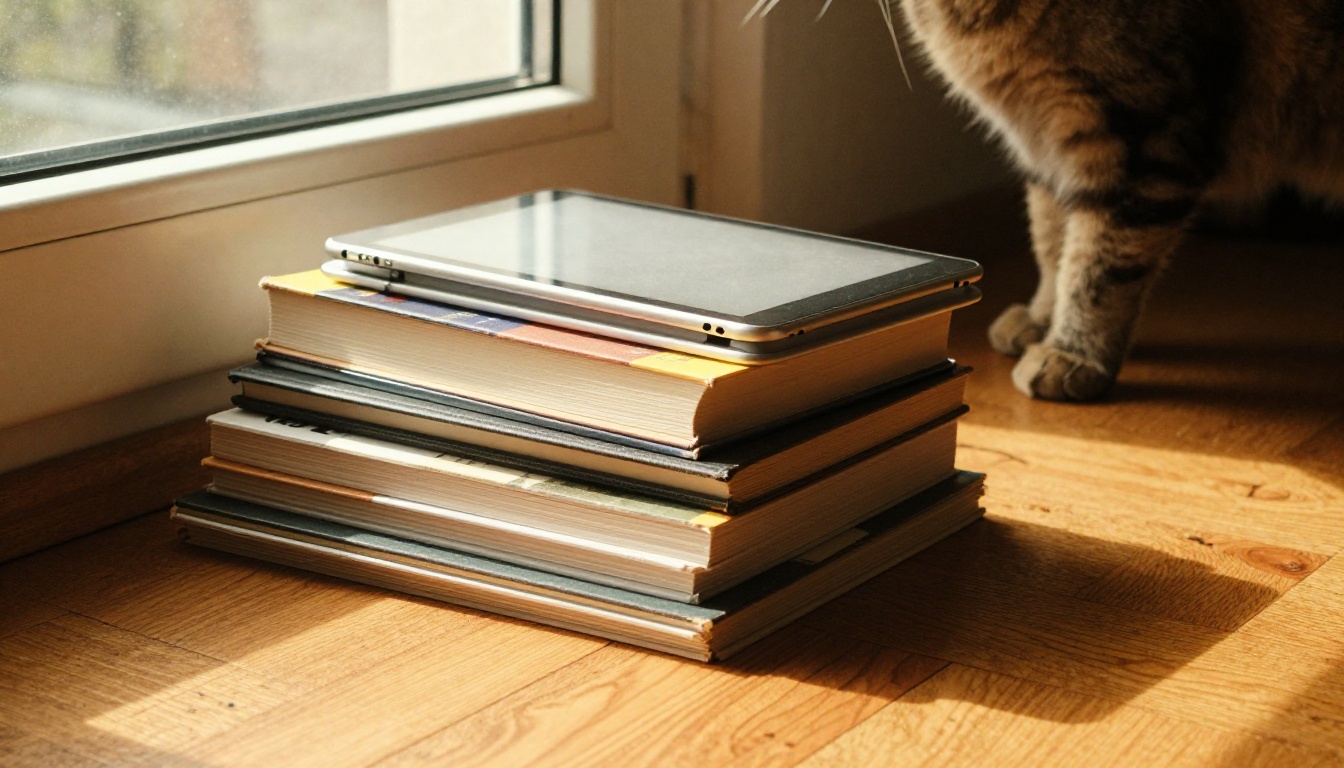Library of printed books and a tablet beside a sunlit window Library of printed books and a tablet beside a sunlit window