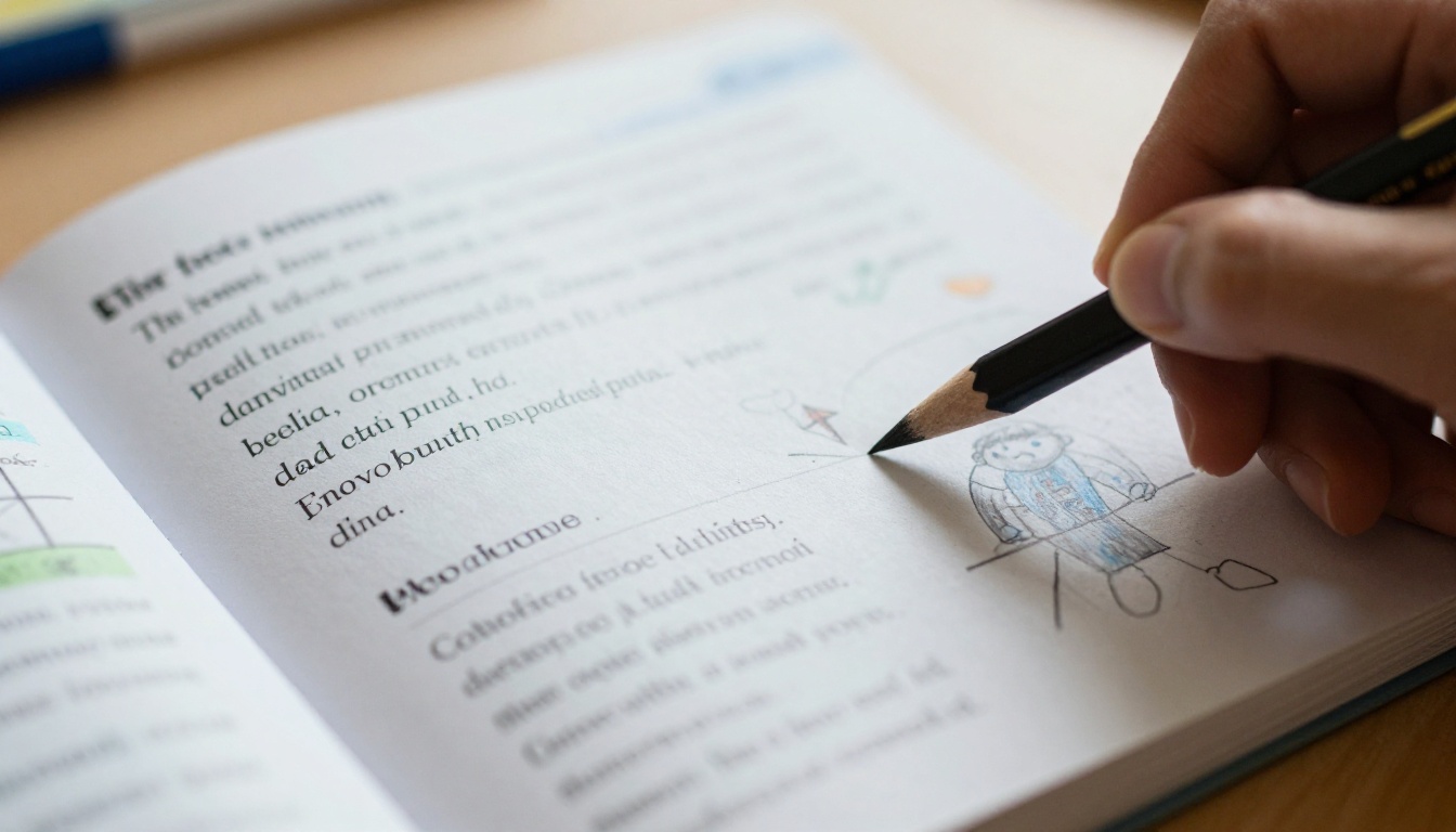 Open printed classroom book with a child's drawing