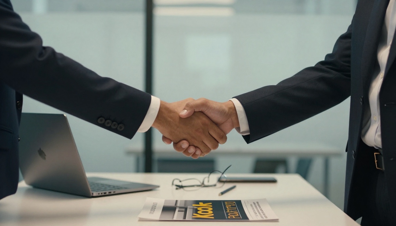 Two entrepreneurs shaking hands over ebook mockups Two entrepreneurs shaking hands over ebook mockups