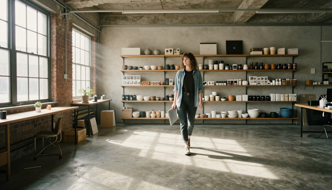 Woman walking through a sunlit loft studio with a laptop Woman walking through a sunlit loft studio with a laptop
